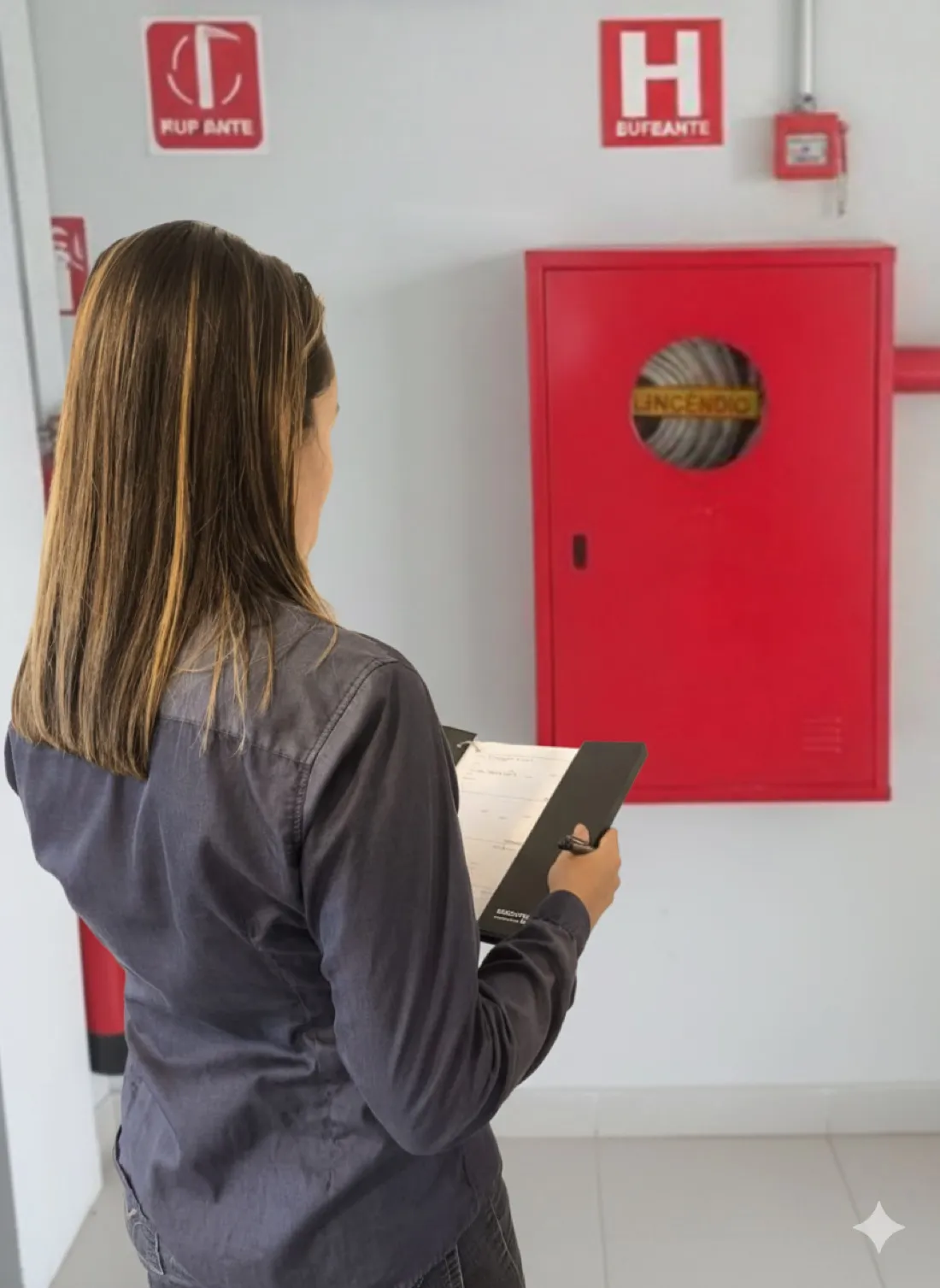 Engenheira com prancheta conferindo instalações durante vistoria de imóvel